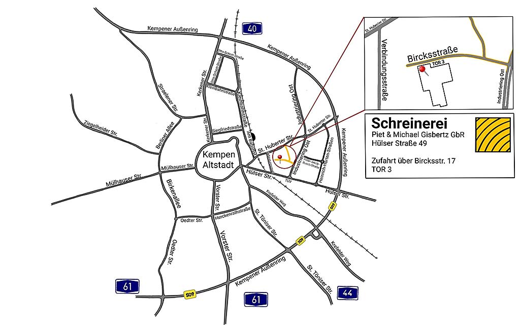 Anfahrt/Lageplan Holzwerkstatt Kempen - Piet & Michael Gisbertz GbR